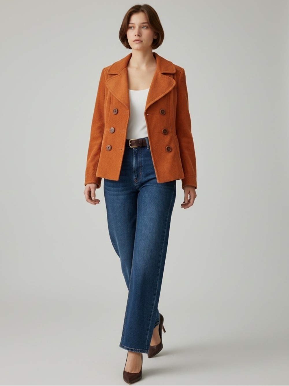 Vintage Pea Coat Blazer Double Breasted Wool Blend Rusty Orange Size Small
